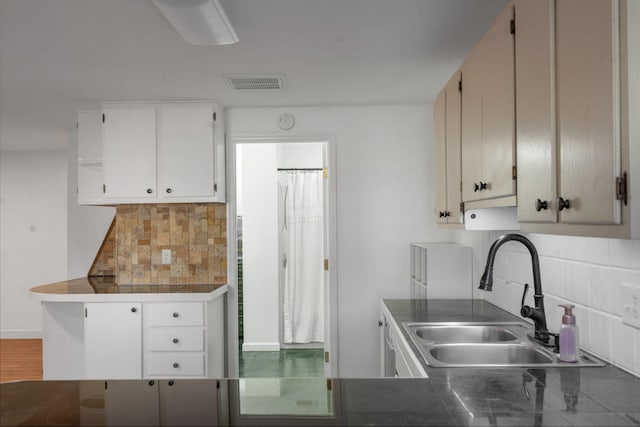 kitchen with white cabinets, decorative backsplash, and sink