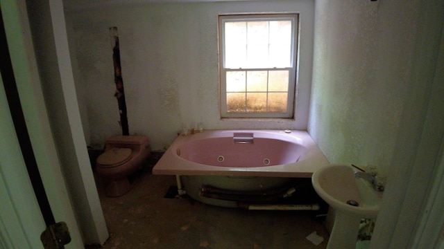 bathroom with a washtub and toilet