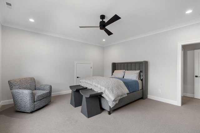 bedroom with carpet, ceiling fan, and ornamental molding