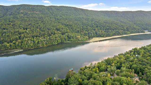 bird's eye view with a water and mountain view