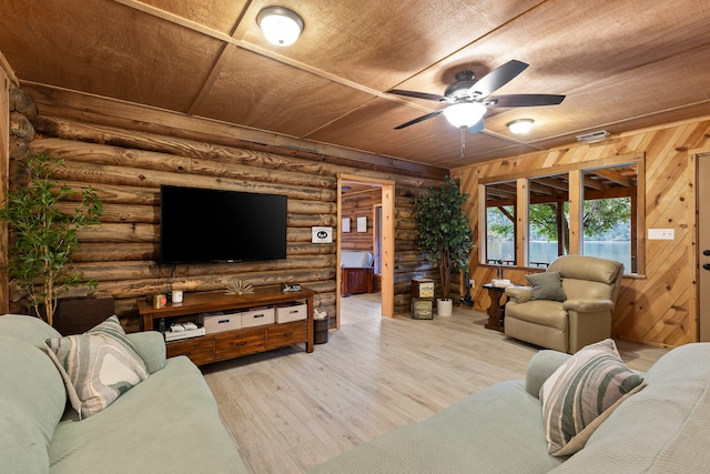 living room with ceiling fan, light wood-type flooring, wood ceiling, and log walls