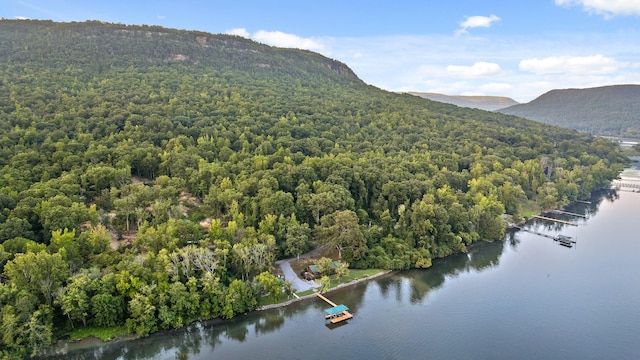 drone / aerial view featuring a water and mountain view