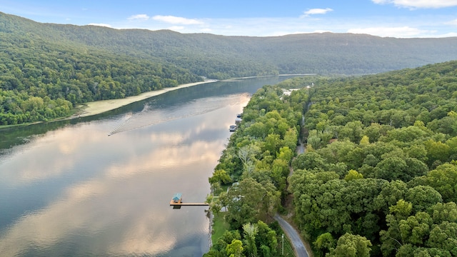 drone / aerial view featuring a water and mountain view