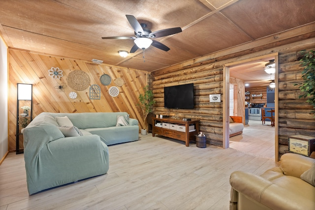 living room featuring hardwood / wood-style floors, ceiling fan, wooden ceiling, and wooden walls