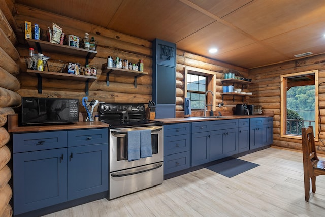 kitchen with light hardwood / wood-style flooring, rustic walls, and stainless steel electric range