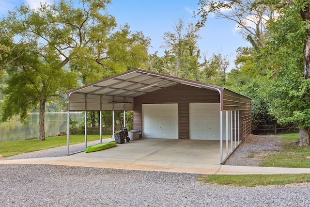 view of car parking with a carport, a garage, and a yard