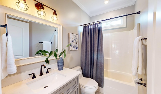 full bathroom with toilet, ornamental molding, shower / bath combo, and vanity