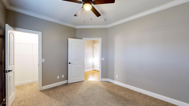 unfurnished bedroom with ceiling fan and crown molding