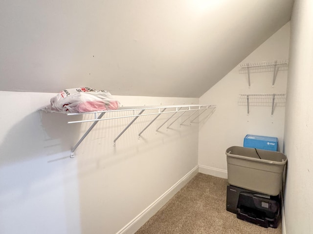 walk in closet with carpet floors and vaulted ceiling