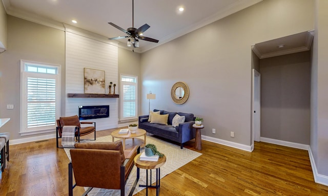 living room featuring ceiling fan, plenty of natural light, wood-type flooring, and a large fireplace