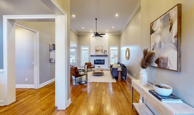 living room featuring ceiling fan, ornamental molding, a fireplace, and light hardwood / wood-style flooring