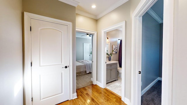 corridor with light wood-type flooring and crown molding