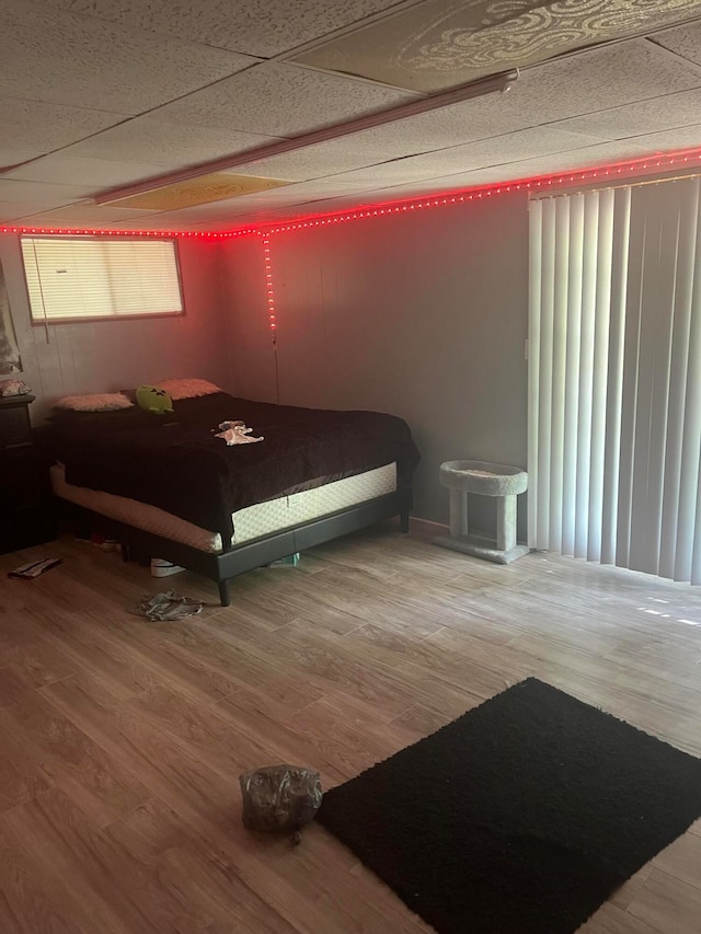 bedroom with a paneled ceiling, hardwood / wood-style flooring, and multiple windows