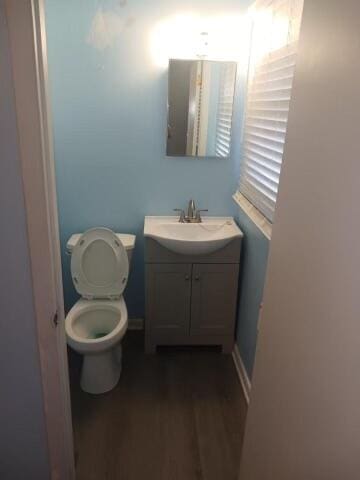 bathroom featuring toilet, vanity, and hardwood / wood-style flooring