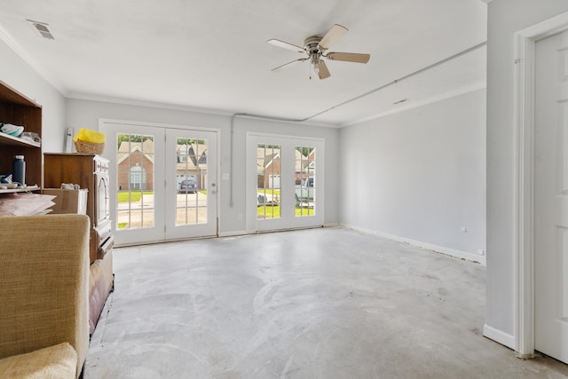 6706 Willow Trace Dr, Chattanooga, TN 37421 - unfurnished living room with concrete flooring, a ceiling fan, ornamental molding, french doors, and baseboards
