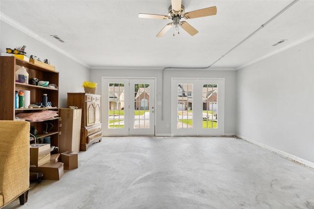 6706 Willow Trace Dr, Chattanooga, TN 37421 - living area with concrete floors, french doors, baseboards, a ceiling fan, and ornamental molding