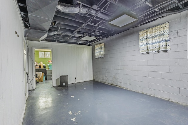 finished basement featuring concrete block wall