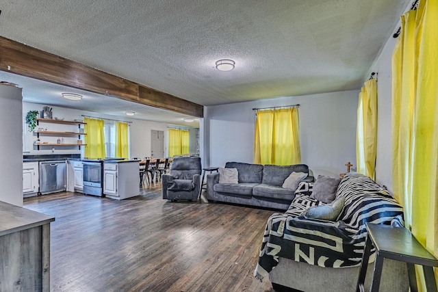 living room with a textured ceiling and dark wood-style flooring