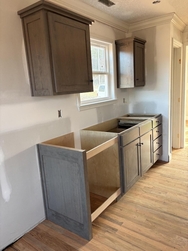 kitchen with crown molding, light wood-style flooring, a textured ceiling, and dark brown cabinets