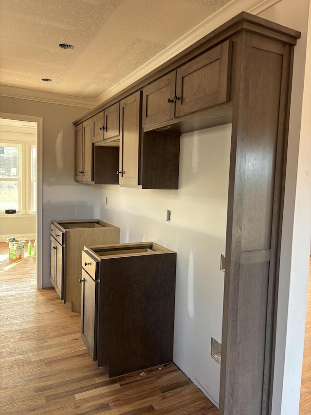 kitchen featuring dark brown cabinetry, a textured ceiling, ornamental molding, and wood finished floors