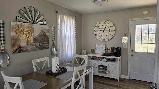 dining area featuring dark wood-type flooring