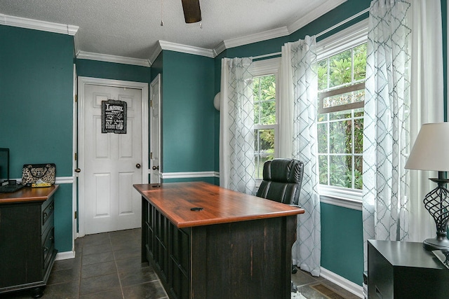 tiled office with a textured ceiling and ornamental molding