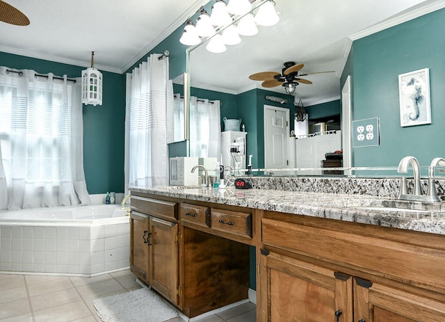 bathroom with vanity, crown molding, ceiling fan, and a healthy amount of sunlight