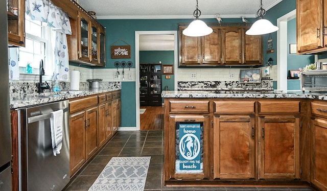 kitchen with tasteful backsplash, dishwasher, decorative light fixtures, and ornamental molding