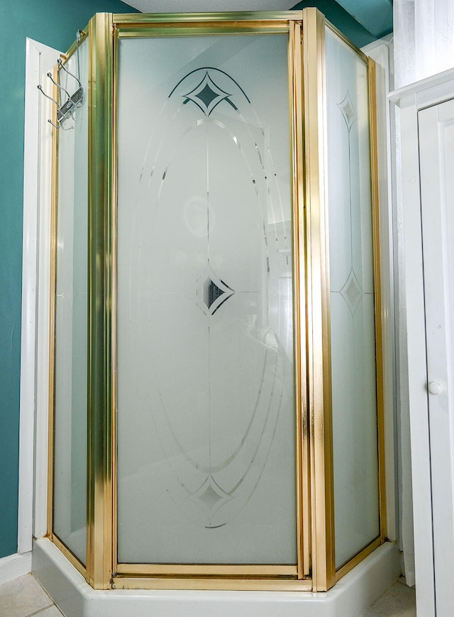 bathroom featuring a shower with shower door