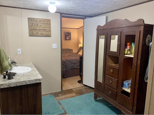 bathroom featuring vanity, wood-type flooring, and a textured ceiling