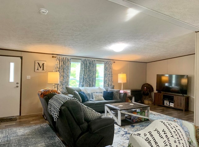 living room featuring dark wood-type flooring, a textured ceiling, and ornamental molding