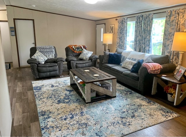 living room with dark hardwood / wood-style floors, crown molding, and a textured ceiling