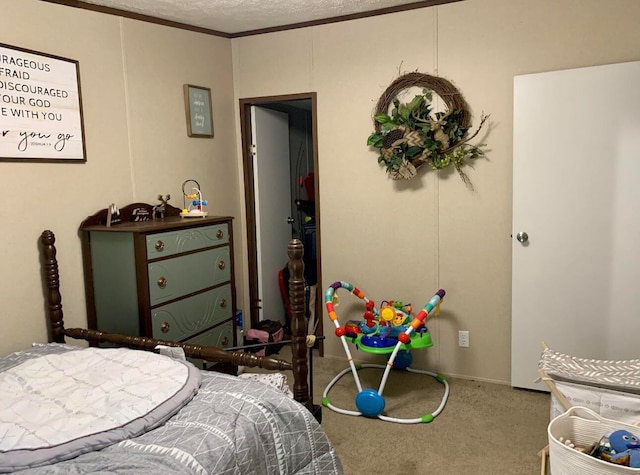 carpeted bedroom featuring crown molding and a textured ceiling