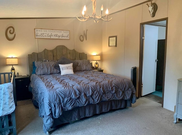 carpeted bedroom with crown molding and a notable chandelier