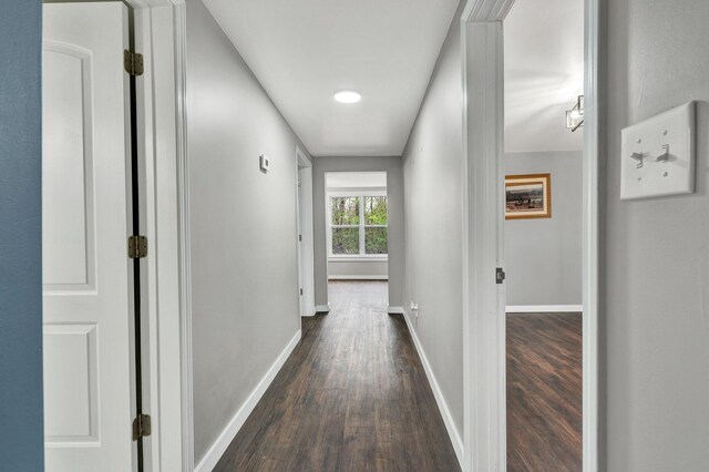hallway with baseboards and dark wood-style flooring