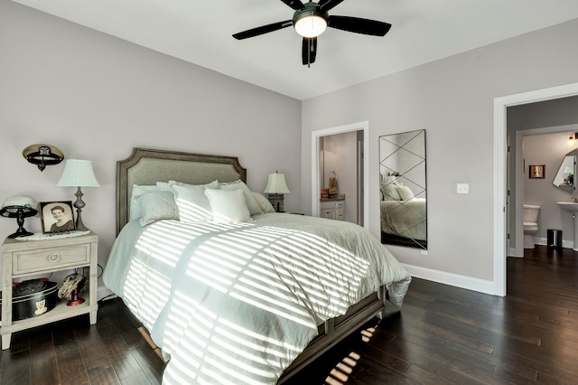 bedroom with ensuite bathroom, ceiling fan, and dark hardwood / wood-style floors