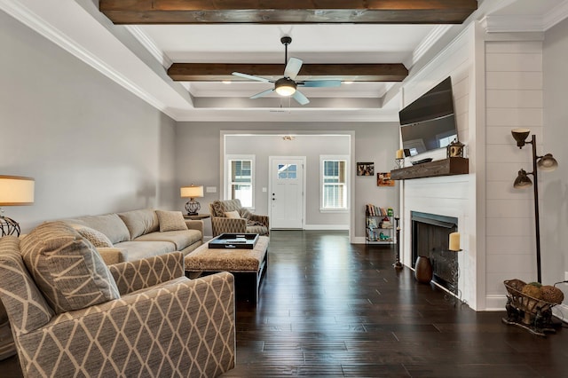 living room featuring ceiling fan, dark hardwood / wood-style floors, and ornamental molding