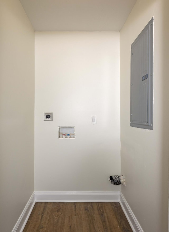 34 Miller Cove Cir, Signal Mountain, TN 37377 - washroom featuring electric dryer hookup, washer hookup, dark wood-type flooring, and electric panel