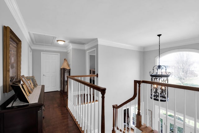 corridor featuring attic access, dark wood finished floors, a notable chandelier, and an upstairs landing