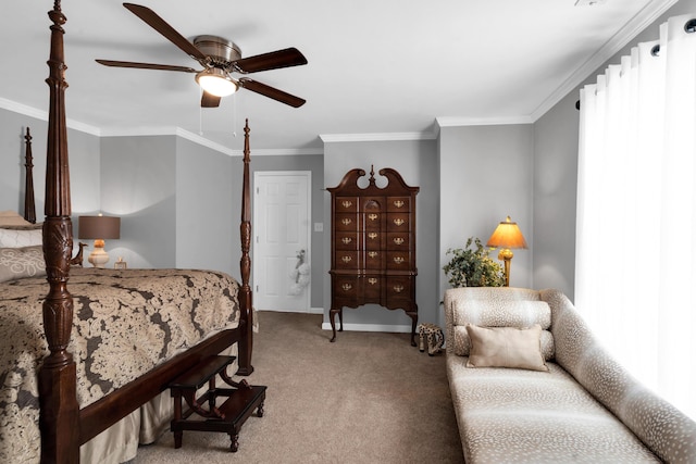 bedroom with carpet floors, crown molding, baseboards, and a ceiling fan