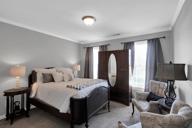 bedroom with carpet and crown molding