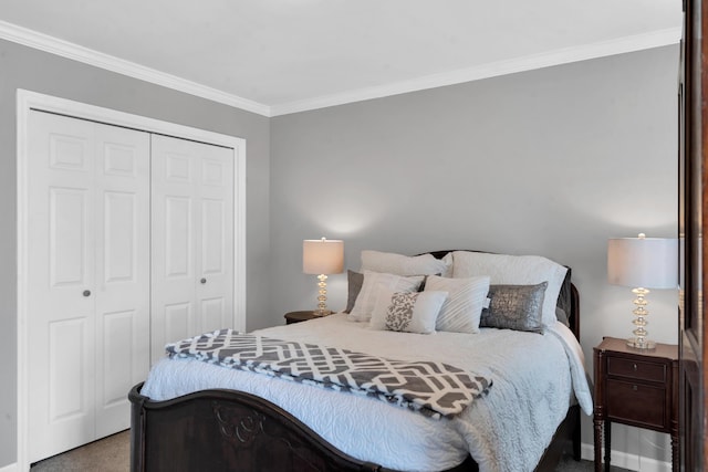 bedroom with ornamental molding and a closet