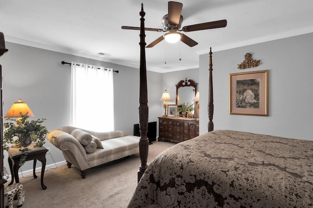 bedroom with light carpet, baseboards, visible vents, and crown molding