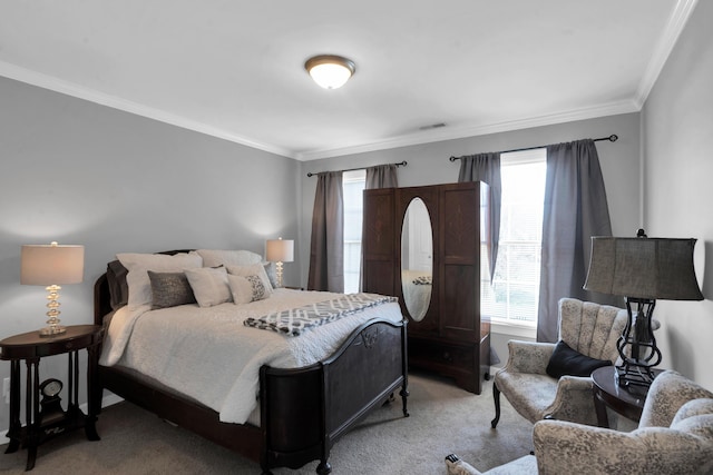 bedroom with carpet and crown molding