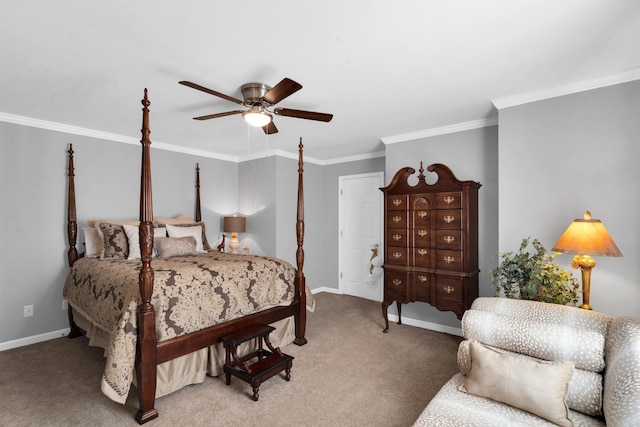 bedroom with light carpet, a ceiling fan, baseboards, and crown molding