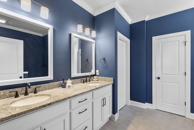 bathroom with vanity, tile patterned floors, and ornamental molding