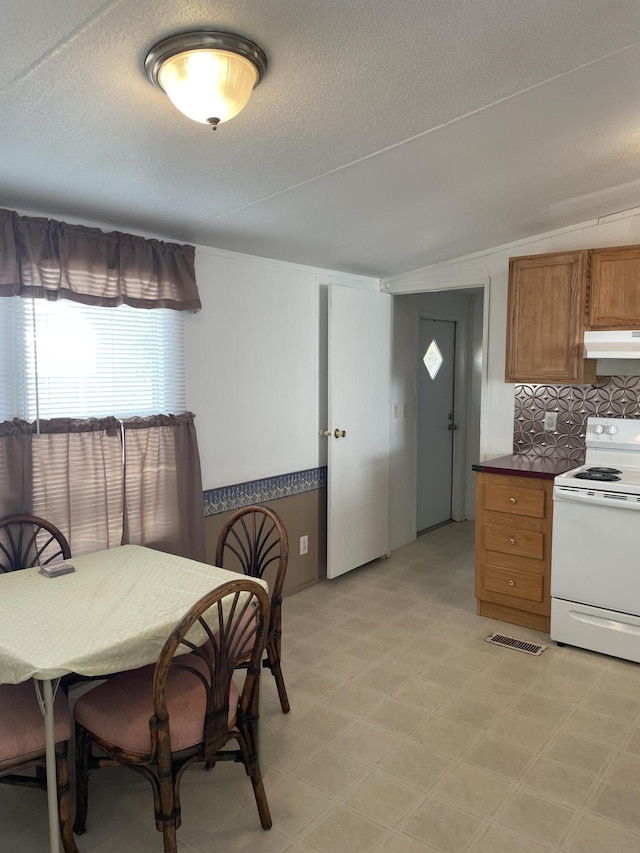 kitchen with tasteful backsplash, electric stove, lofted ceiling, and a textured ceiling