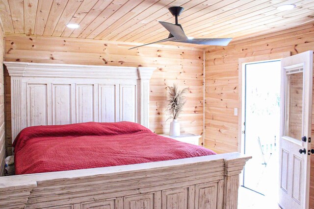 bedroom featuring recessed lighting, wooden walls, and wooden ceiling