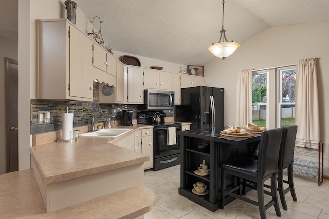 kitchen with tasteful backsplash, open shelves, vaulted ceiling, black appliances, and a sink