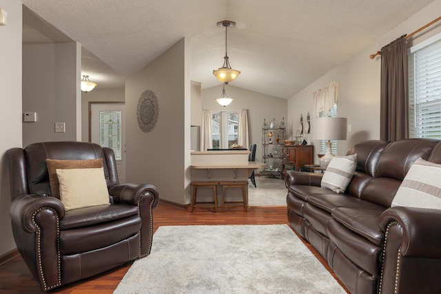 living area featuring plenty of natural light, lofted ceiling, and wood finished floors